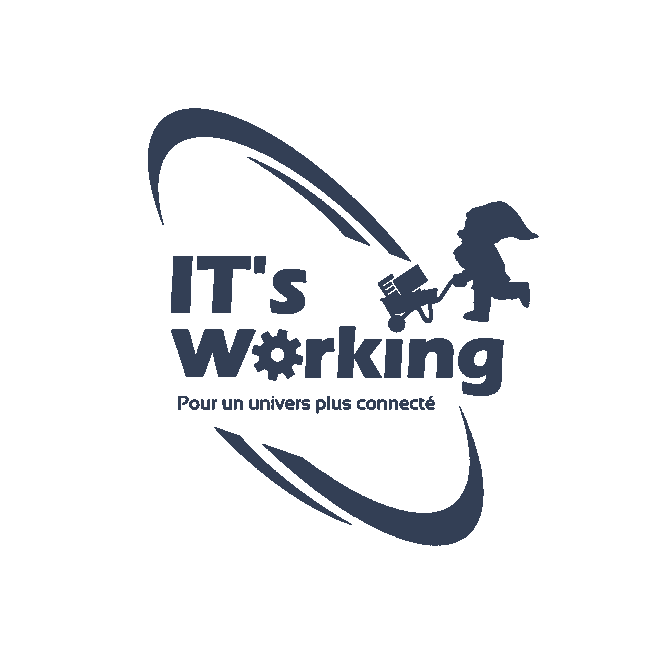 Logo de la société It's Working, un nain qui transporte une brouette pleine d'accessoires informatique